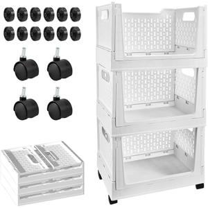 Stackable Plastic Storage Basket, 3 Pack Foldable Closet Organizers and Storage Bins with Wheels, Collapsible Drawer Shelf Storage Box Container for Office Bedroom Closet Wardrobe Kitchen Bathroom, 15.14"D x 11.4"W x 27.17"H