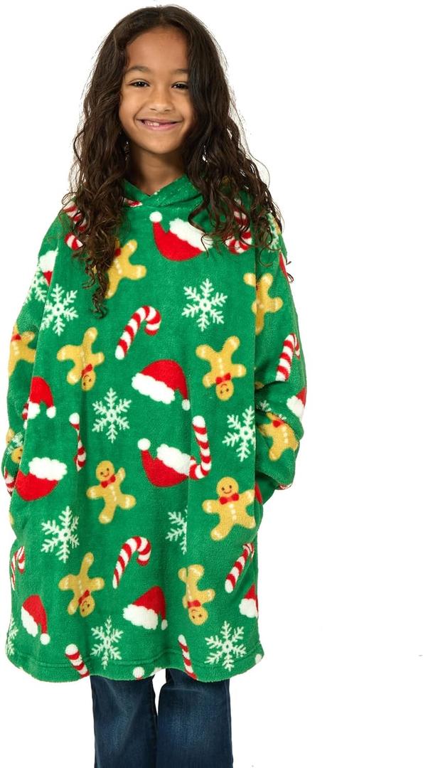 Bioworld Christmas Ginger Bread Candy Cane Green Gamer Oversized Wearable Hoodie Blanket (Small-Medium, Holiday Treats)