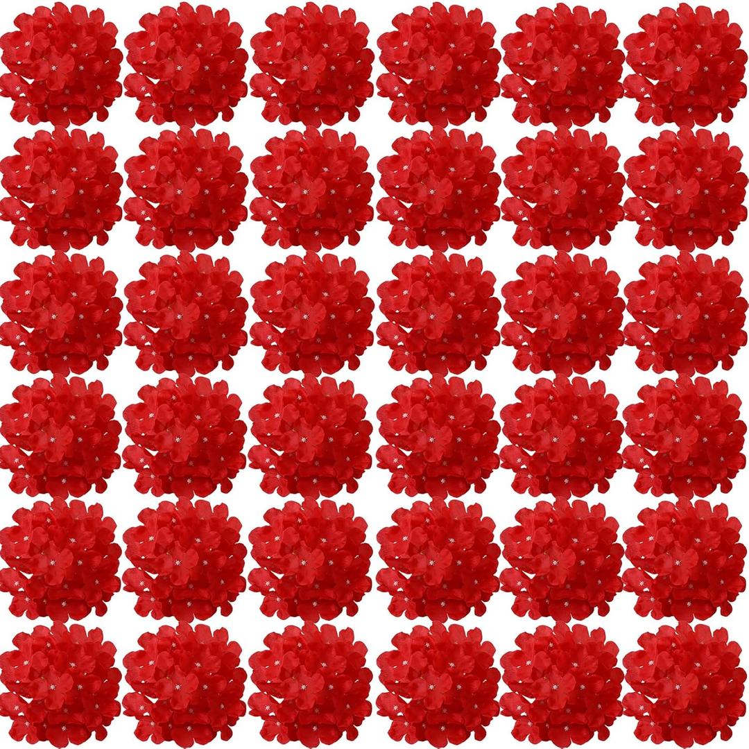 FagusHome Silk Hydrangea Heads 36 Pcs Artificial Flowers Heads and 3 Dozens Stems Fake Hydrangea Flowers with Stems for Home Wedding Decor (Red)