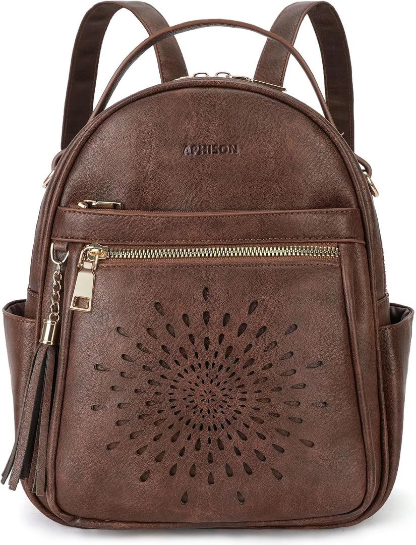 APHISON Small Backpack Purse for Women Cute PU Leather Mini Backpacks Ladies Casual Lightweight Travel Daypack Waterproof (Brown)