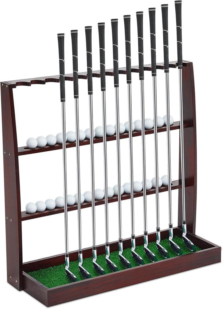 Lenwen Golf Putter Stand Wooden Display Rack Golf Club Holder Stand Floor Display Rack Club Organizer for Storage Sports Indoor Home Office Simulator, Hold 13 Clubs 30 Balls Storage