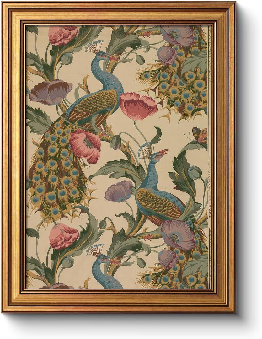 Vintage Golden Framed Canvas Wall Art Peacock, Classic Vine With Poppies Floral Canvas Print Wall Decor, Bird Art Print Wall Hanging 12x16 inch, for Bedroom Bathroom Living Room Decor