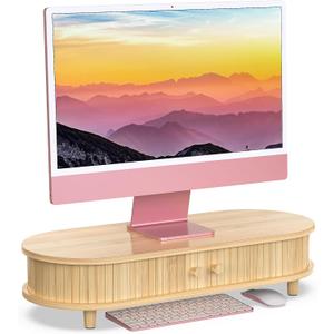 Bamboo Monitor Stand with Storage, Curved Computer Laptop Stand Desk Shelf Organizer with Sliding Doors (25 inch)