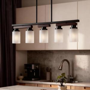 5-Light Kitchen Island Lighting & Farmhouse Dining Room Light Fixtures Over Table, Adjustable Rustic Ceiling Hanging Pendant 36in Linear Chandelier - Rotating Design, Customizable Shapes, Milk Glass
