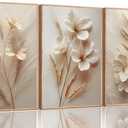3Pcs Neutral Beige Floral Botanical Canvas Wall art Modern Simple Texture Flower Plant Painting Picture Wall Decor Vintage Blossom Poster Print Artwork for Living Room Bedroom Bathroom Unframed