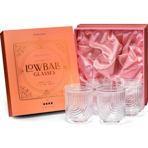 GLASSIQUE CADEAU Vintage Art Deco Lowball Gatsby Cocktail Glasses | Set of 4 | 13 oz Double Old Fashioned Tumblers for Drinking Classic Whiskey, Gin, Vodka Bar Drinks | Round Short Glassware