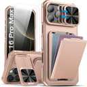 SSLOTSCASE for iPhone 16 Pro Max Case with 2X Screen Protector, Sliding Lens Cover & Kickstand & Credit Card Holder, Military-Grade Protection Rugged Phone Cover for iPhone 16 Pro Max, Rose Gold