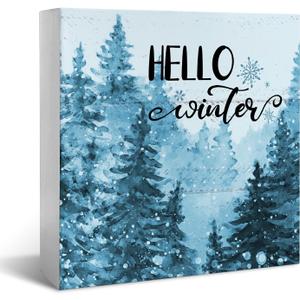 JXREQ Christmas Winter Desk Decor Wooden Box Sign, Blue Christmas Tiered Tray Decor, Hello Winter Sign Decor, Christmas Decorations for Home Kitchen Bedroom Living Room, 5x5 Inch