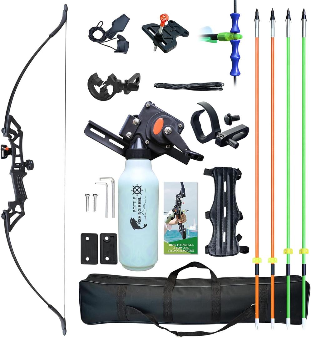 Recurve Bow Fishing Combo Kit Archery and Arrow Set for Adults Beginner with 40 Meters Bowfishing Reel Bottle Portable Bow Bag