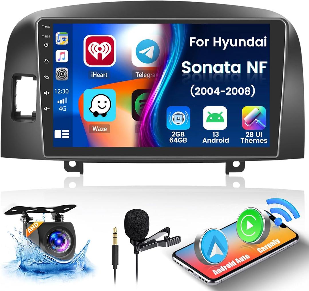 Fuluku2+64G for Hyundai Sonata 2004-2008 Android 13 Car Stereo with Wireless Carplay Android Auto Mirror Link, 9Touchscreen Radio WiFi/GPS/FM/RDS/Bluetooth/SWC/Waterproof Night Backup Cam Mic