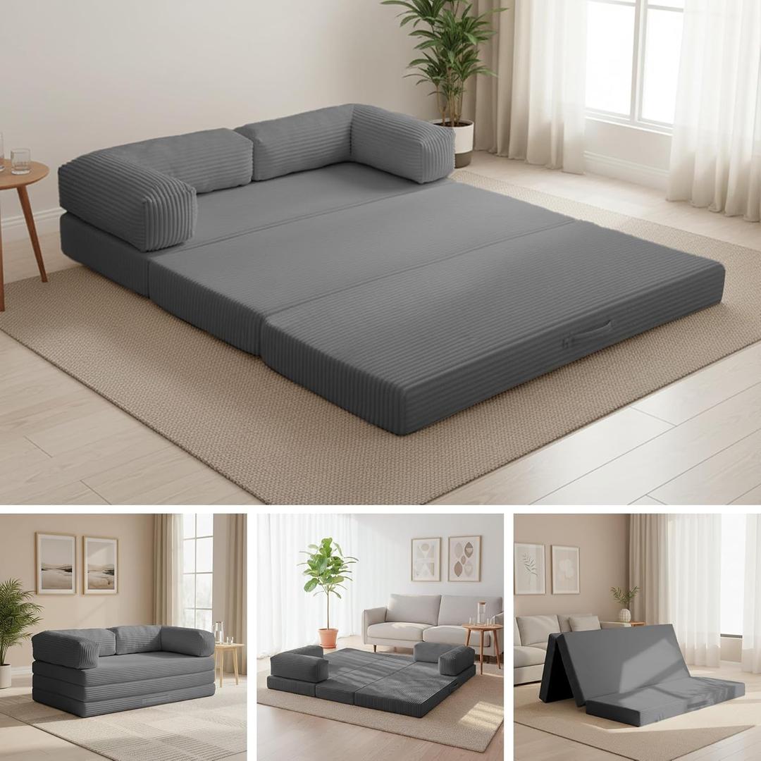 Convertible Sofa Bed Queen,5-in-1 Folding Boneless Couch Corduroy Futon Sofa Bed,Tri-Fold Mattress with Removable Armrests & Handle,Sleeper with Pull Out Bed for Small Space Living Room Bedroom (Grey)