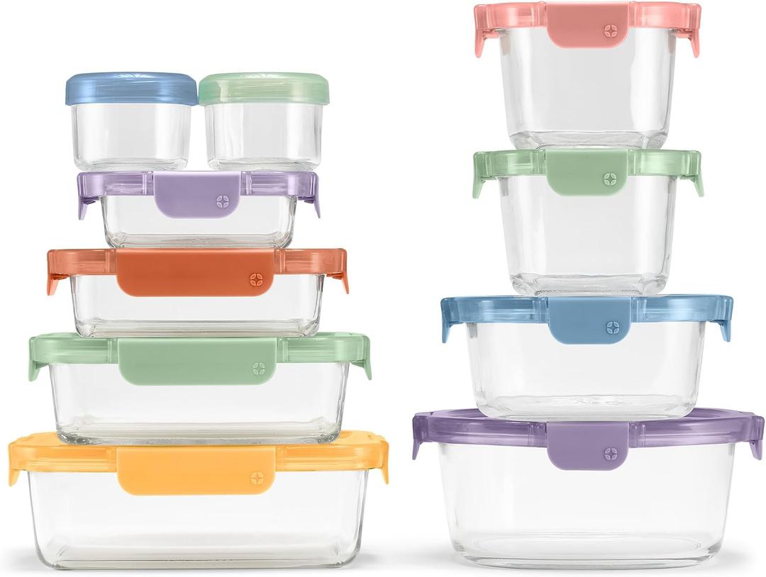 Ello Color Lock 20PC Mixed Glass Food Storage Sets, Leak-Proof Glass Food Storage Containers with Airtight BPA-Free Plastic Lids, Dishwasher, Microwave, and Freezer Safe, Desert Festival, 10 x Mixed