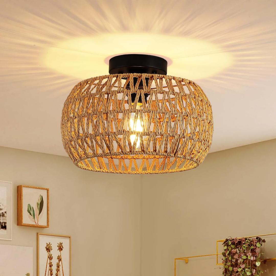 12" Boho Ceiling Light Fixture, Rattan Flush Mount Ceiling Light, Small Rustic Hand Woven Chandelier for Farmhouse Hallway Bedroom Kitchen Entryway Closet, E26 Socket