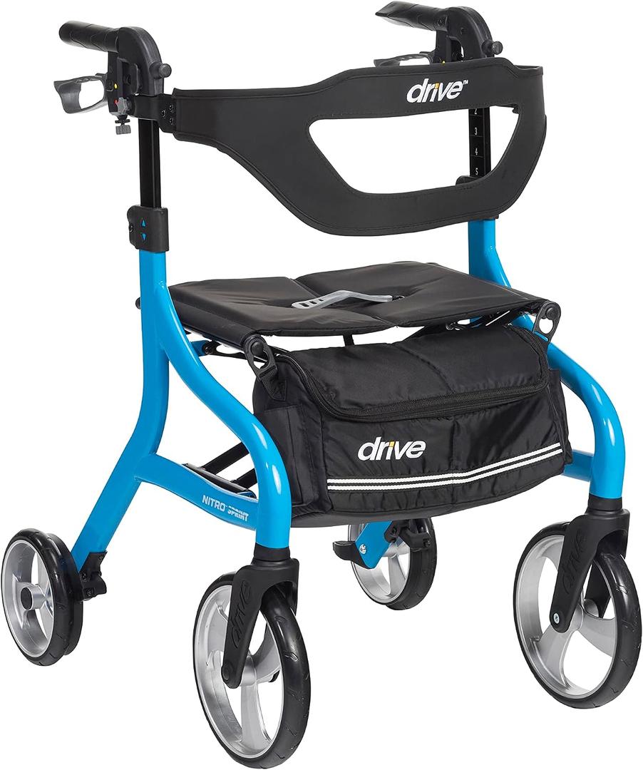 Drive Medical Nitro Sprint Foldable Rollator Walker with Seat - Lightweight Support - Large Wheels - Compact Folding Design - Adjustable Comfort - Standard Size - Blue
