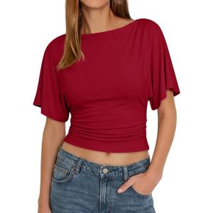 Cicy Bell Womens Summer Wrap Tops Casual Short Sleeve Tie Back Cinched Waist T Shirts Trendy Boat Neck Blouse (Red, XL)