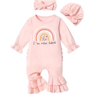 KANGKANG Newborn Girl Clothes Onesie for Baby Girl Ruffle Romper Boho Infant Bell Bottom Jumpsuit with Headband Hat (Pink & Rainbow)
