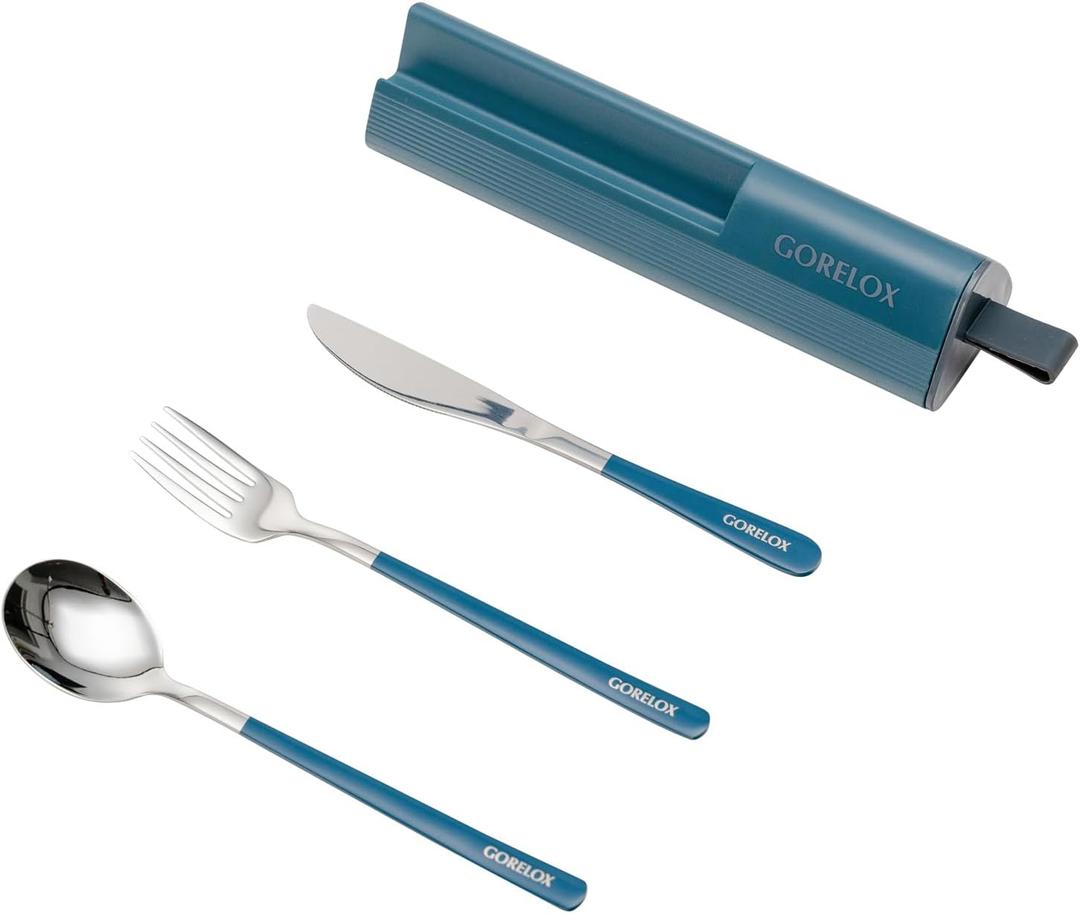 Travel Utensils Set, 4pcs Stainless Steel Reusable Cutlery, Portable Silverware Lunch Box for Camping and Office, Include Fork Spoon Knife with Case (Blue)