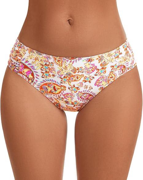 Women's Low Rise Bikini Bottoms | Full Coverage, Ruched Side, Fully Lined, Stretch Fabric, Mix and Match Style, Swimming, Beach Vacation (Large,  Paisley Orange)