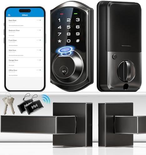 Veise VE07-L Fingerprint Smart Locks for Front Door with 2 Lever Handle Set, App Control, Keyless Entry, Electronic Digital Keypad Deadbolt, Auto Lock, Waterproof, Easy to Install, Matte Black