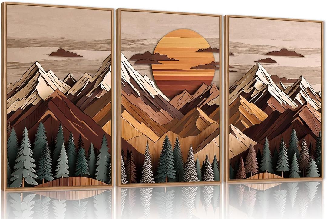 KAIRNE Mountain Framed Canvas Wall Art Set, Wooden Mountain Themed Wall Decor, Woodcut Pine Tree Scene Wall Painting, Vintage Forest Landscape Art Prints for Living Room, Bedroom, Office 24"x36"x3