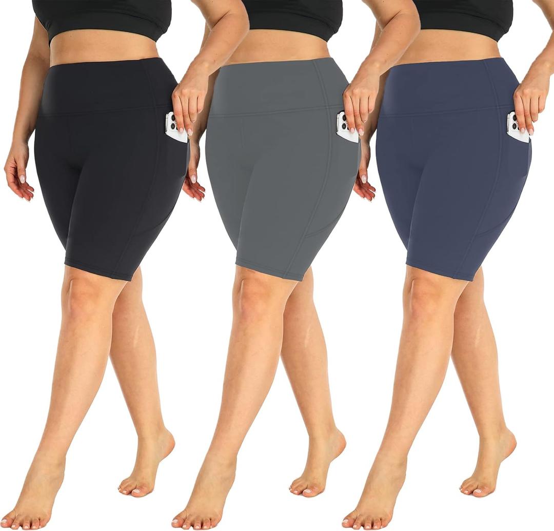 MOREFEEL 3 Pack Plus Size 8" Biker Shorts with Pockets for Women-High Waist Non-See Through Workout Black Yoga Short (XX-Large, Black/Grey/Navy Blue)