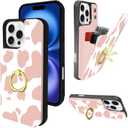 TopPerfekt Compatible with iPhone 16 Pro Max Wallet Case with Card Holder, 360°Rotation Finger Ring Holder Kickstand Protective RFID Blocking PU Leather Pattern Double Buttons 6.9" Pink Cow