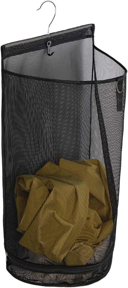 ALYER Hanging Semi Round Storage Mesh Bag,Collapsible Laundry Hamper Basket with Durable Hanger (Black)