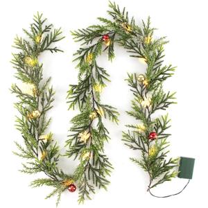 6 FT Artificial Christmas Garland, Faux Gold Spruce Garland with 20 LED Lights, Red Gold Ball Ornaments and Stars, Lighted with Timer, Perfect for Christmas Indoor Outdoor Decoration