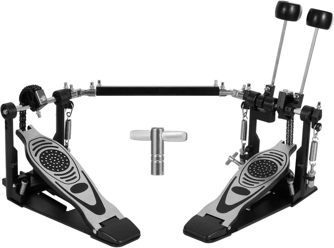 Double Bass Pedal, Double Chain Double Bass Drum Pedals, Double Kick Drum Pedal with Patch Suit for Kick Drum (Black/Sliver-double)