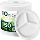 150-Piece 100% Compostable 10in Paper Plates, 3-Compartment Heavy Duty Disposable Eco-Friendly Biodegradable Sugarcane Fiber Plates (White)
