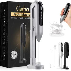 GOCHA | FrothMaster X2 Rechargeable Milk Frother  2-Speed Handheld Foam Maker for Coffee, Lattes, Matcha  USB-C Charging, Stainless Steel Whisk, Stand Included (Silver)