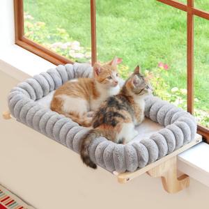Zakkart SnugCloud Cat Window Perch with 4-Sided Bolster - Large Cat Hammock for Window Sill - Solid Hardwood & Metal Frame - Window Seat for Pets (Natural Color Wood w/Gray Bed, Large) (Large (25"x15"))