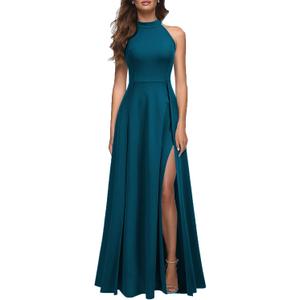 MUSHARE Women's Halter Neck Sexy Split Cocktail Party Maxi Long Formal Dress (Large, Teal Color)