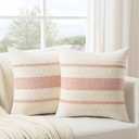 Fancy Homi Set of 2 Boho Pink Decorative Throw Pillow Cover 16x16 Inch for Couch Bed Sofa, Aesthetic Modern Organic Farmhouse Home Decor, Soft Cotton Cute Accent Macrame Woven Cushion Case