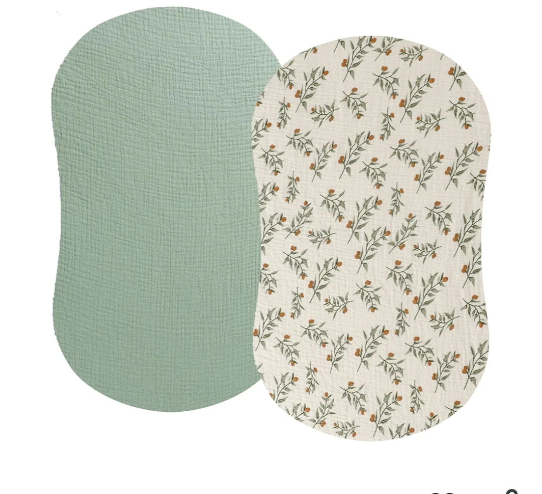 Muslin Bassinet Sheet Compatible with Halo Bassinest Swivel Flex Glide Premiere & Luxe Series Sleeper 2 Pack Cotton Stylish Boho Fitted Bassinet Sheets Super Soft for Baby Roman Green & Botanical Leaf