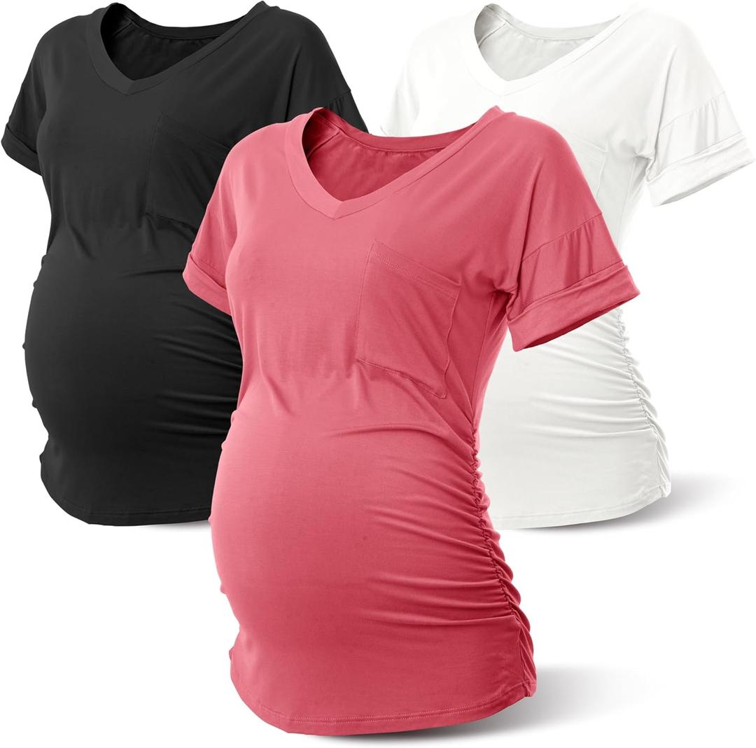 Rnxrbb Long Enough Maternity Shirts Short Sleeve Summer Pregnancy Tops& Tees Clothes V Neck Casual Outfits for Women 3 Pack Medium