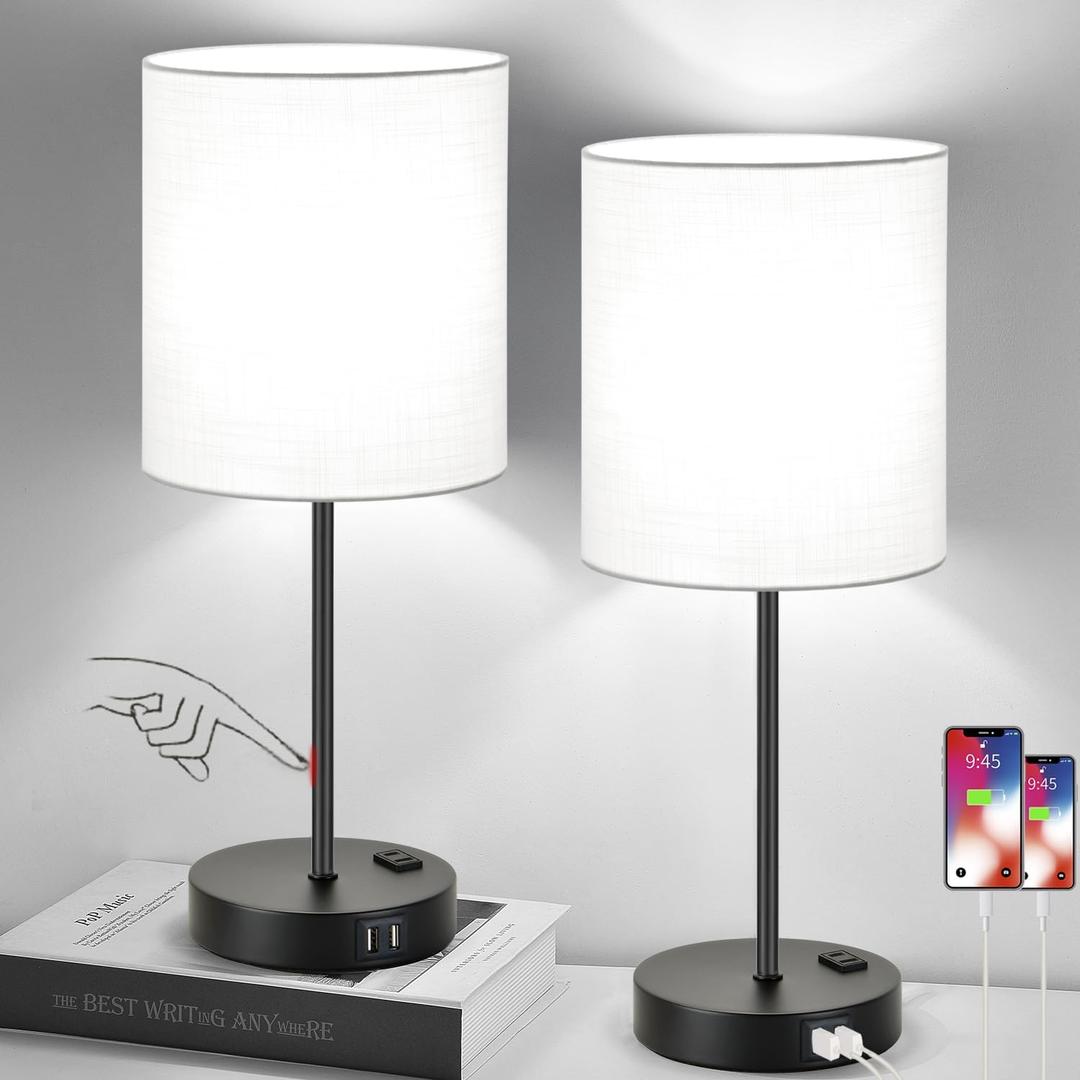 Lynnoland   Set of 2 Touch Control Table Lamps with 2 USB & AC Outlet, 3-Way Dimmable Bedside Nightstand Lamps for Bedroom Living Room Nursery, 800 Lumens 5000K Daylight Bulbs Included