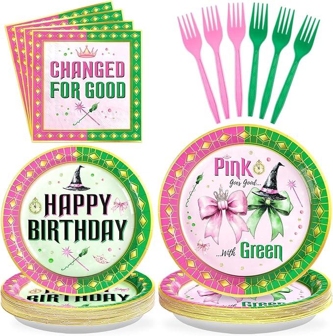 Grencian 96pcs Witch Birthday Party Decorations Pink and Green Witch Theme Party Decorations Include Plates and Napkins Disposable Pink and Green Birthday Tableware for Girls Witches Par-ty Supplies
