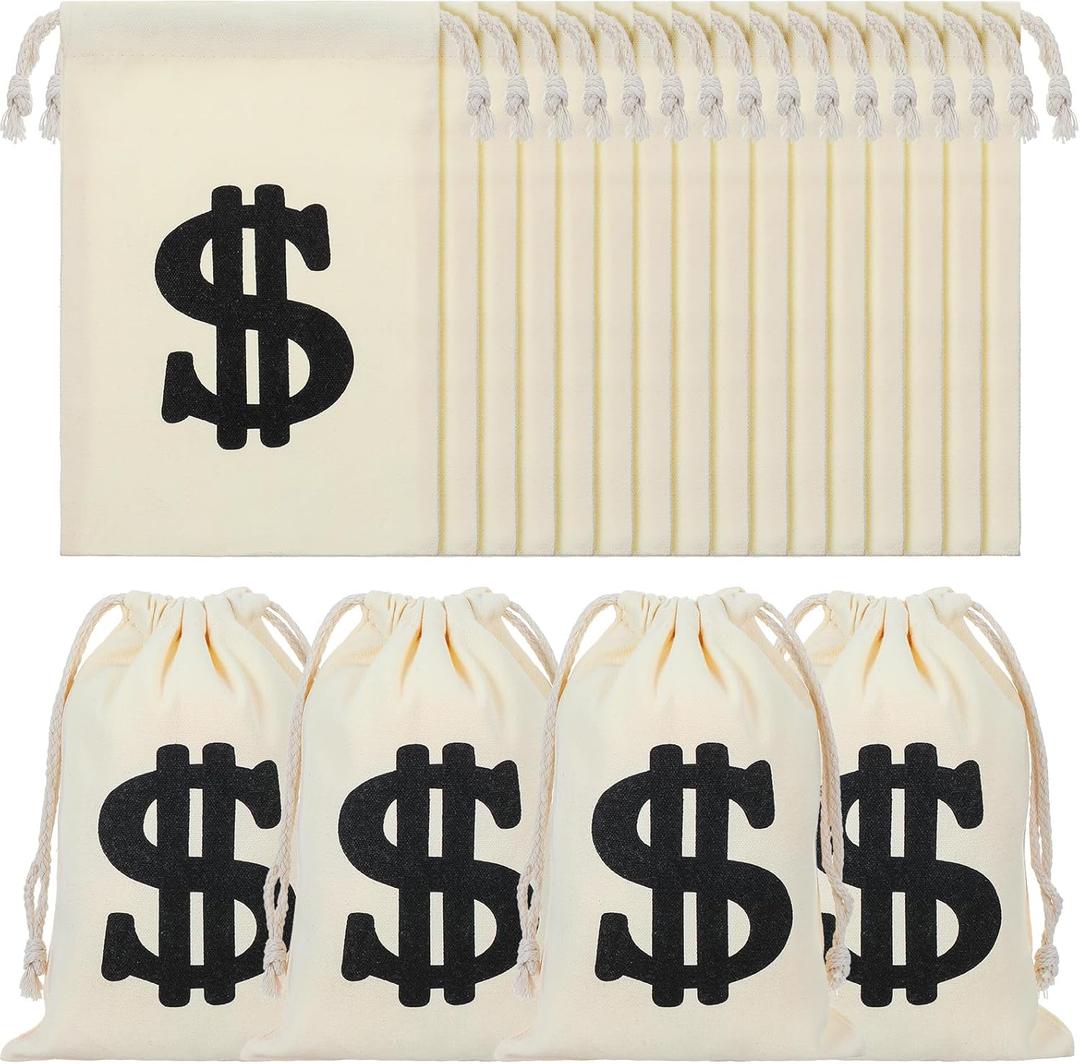 MAQUITA 20 Pcs Canvas Money Bag Pouch with Drawstring 9 x 6.3 Inches Carrying Sack Money Bag Prop with Dollar Sign for Birthday Halloween Cosplay Theme Party Supplies (Beige)