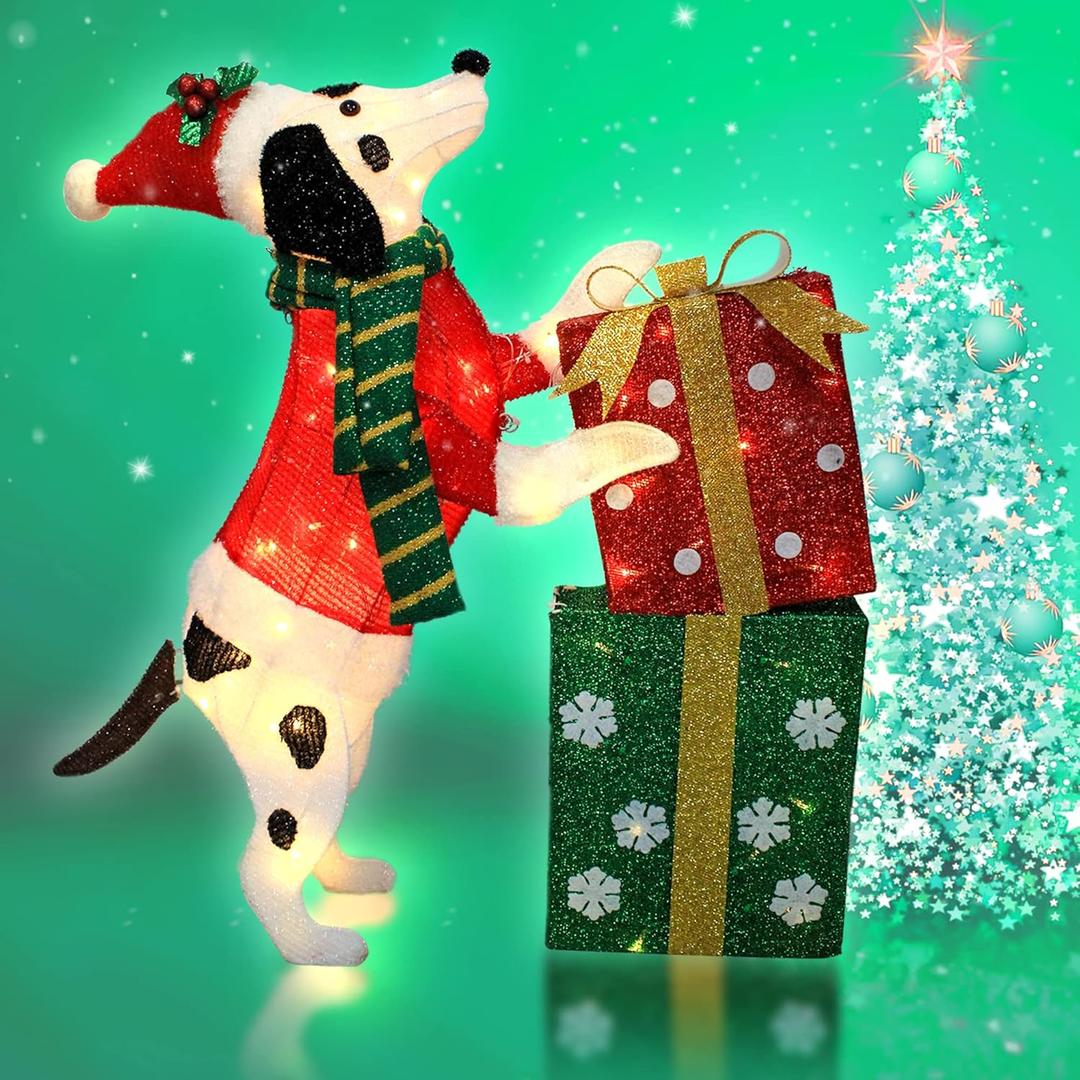 31in Christmas Dachshund Dog Decoration, Dalmatians Outdoor Display Spotty Decoration Christmas Tree Indoor Porch Yard Puppy with Gift Box Christmas Holiday Decor