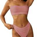 ZAFUL Women Strapless Wave Bandeau Bikini 2 Piece Swimwear Cheeky Solid Lace up Bathing Suits(1Pink Wave,L)
