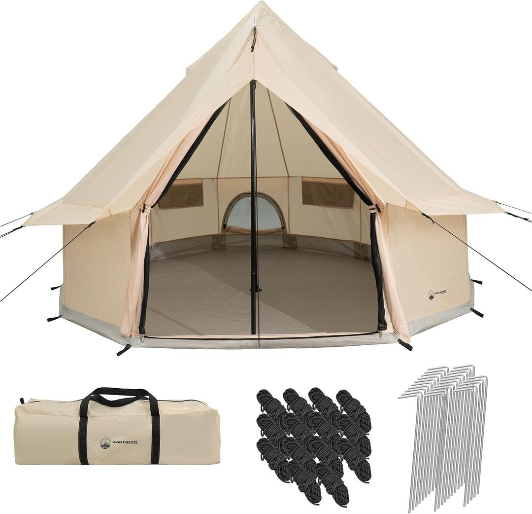 16x16x9.8ft 10 Person Tent for Camping - Breathable Spacious Water-Resistant Glamping Tent - Luxury Bell Yurt Outdoor Teepee for Family Camp, Hunting, Party or Events by Wakeman Outdoors (Beige), 192” x 192” x 119”; Door: 79”