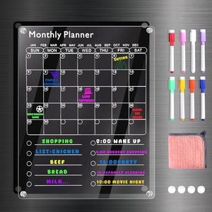 EIiovcnya Large Acrylic Magnetic Fridge Calendar, Clear Dry Erase Board Calendar for Refrigerator, 16" x 12" 2-in-1 Monthly Weekly Planner for To-Do/Grocery List, with 8 Color Markers and Towel, Great Gift for Home & Office