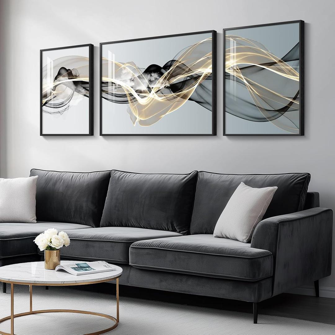 Large Framed Modern Luxury Abstract Wall Art for Living Room, 3 Piece Minimalist Prints Paintings Artwork for Walls, Black White Gold Abstract Line Pictures for Hallway Dining Bedroom Office Wall Decor 24" H x 64" W (Total Size)