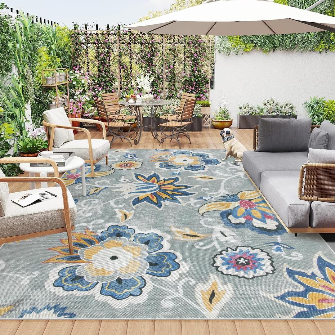 Lahome Floral Indoor Outdoor Rug 8x10, Non Slip Outdoor Patio Rug for Camping Picnic, Portable Large Outdoor Rugs for Balcony Deck Backyard, RV Mat Outdoor Carpet for Living Room Bedroom,Multi