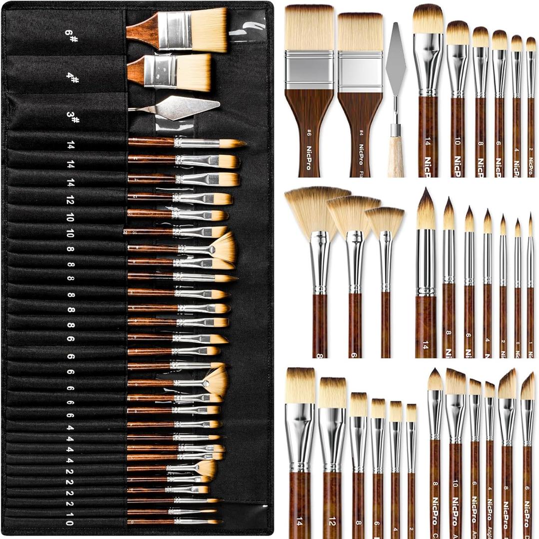 Nicpro 30pcs Paint Brush Set, Professional Paintbrushes with Paint Spatula and Cloth Roll, Craft Paint Brushes for Acrylic Painting, Oil, Watercolor, Gouache, Art Supplies for Artists and Beginners (Wood)
