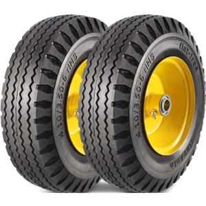 MaxAuto 4.10/3.50-6" Flat Free Tire Replacement for John Deere Mower, Hand Truck/All Purpose Utility Tire on Wheel, 3"-3.5''-4.0''-4.5'' Centered Hub, 3/4" Bearings, Yellow Steel (2 pack)