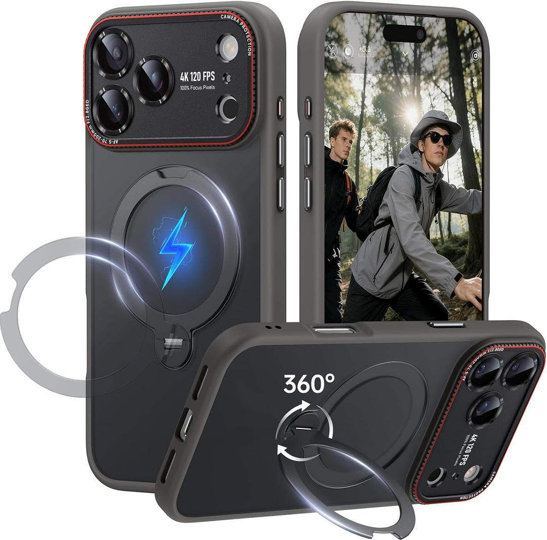 for iPhone 17 Pro Max Case: 360 Spin Magnetic Stand, Camera Protection (Compatible with MagSafe) [18FT Military Protection] Shockproof Matte Translucent Phone Cover for iPhone 17 Pro Max 6.9", Gray