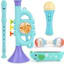 Musical Toys for 2 3 Year Old Boy Girl Birthday Gifts, 5 in 1 Montessori Musical Instruments for Toddlers 2-4 with Trumpet/Microphone/Flute/Harmonica, Preschool Learning Toys for Baby 18+ Months