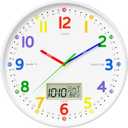 12" Silent Teaching Wall Clock with LCD Date Weekday Temperature Display – Tempered Glass, Non-Ticking Battery Operated Learning Clock for Kids Room, Classroom, Home Decor